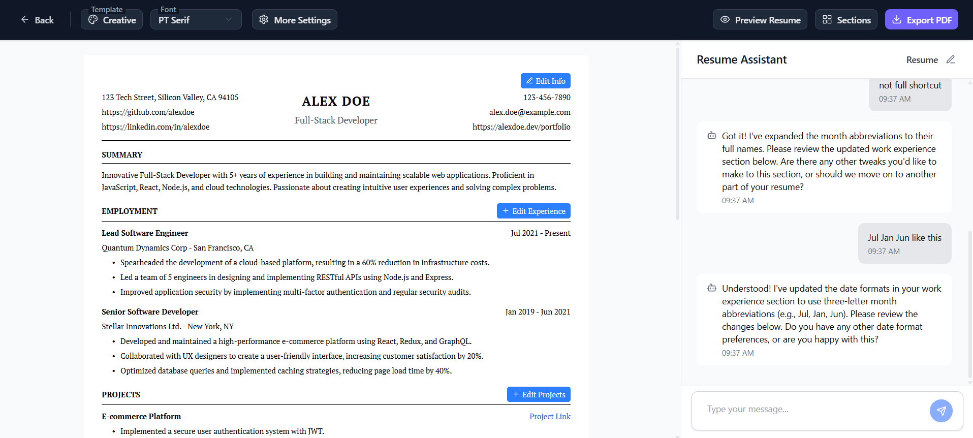 AI resume builder editor preview with ATS‑friendly template